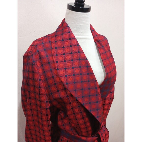Vintage 1960's 100% Silk Men's Red & Navy Shimmer Print Robe Dressing Gown - L - Picture 2 of 10